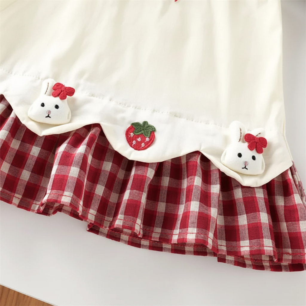 BerryBloom – Cute & Comfortable – Girls' Dress with Strawberry and Bunny Patch