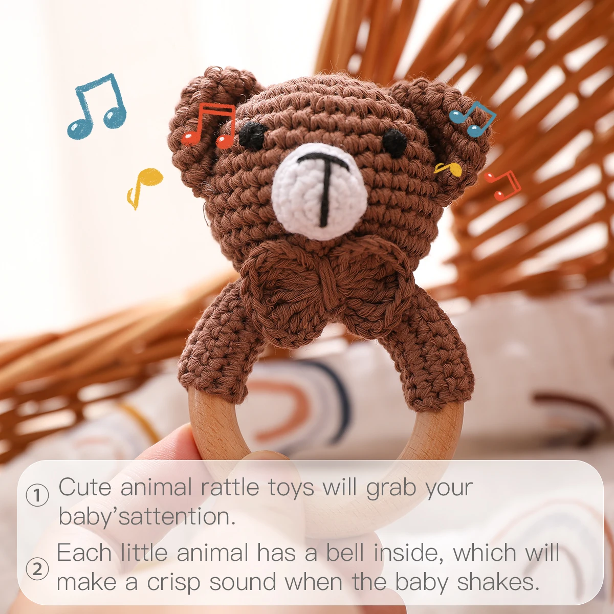 CuddleRattle – Soft & Playful – Crocheted Baby Rattle with Wooden Ring