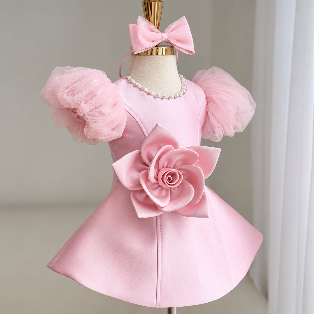LittleRose – Elegant & Festive – Girls' Dress with 3D Flower and Puff Sleeves