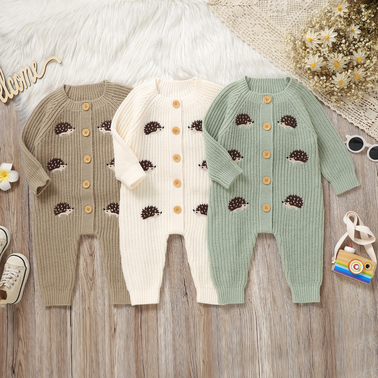 CozyHedge – Soft & Warm – Knitted Baby Jumpsuit with Hedgehog Print