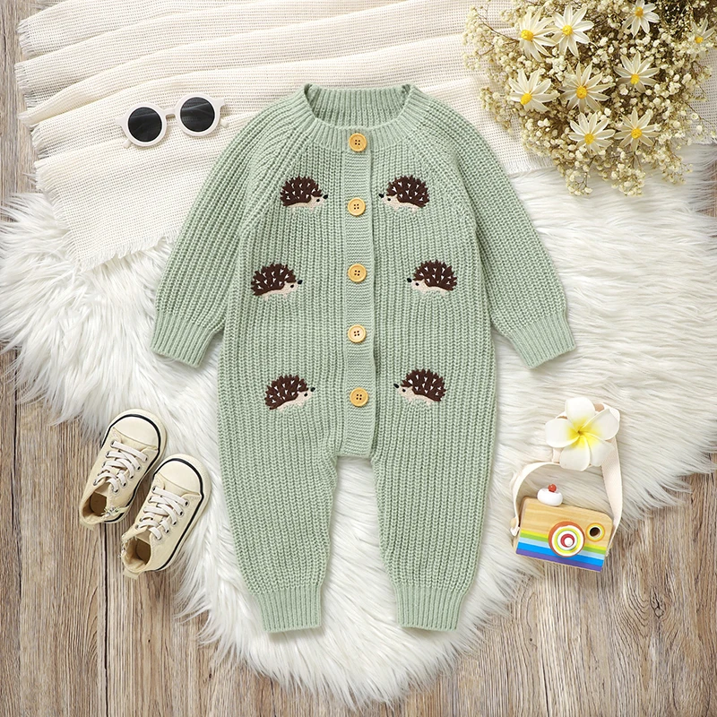 CozyHedge – Soft & Warm – Knitted Baby Jumpsuit with Hedgehog Print
