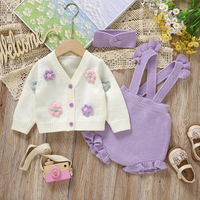 Thumbnail for FloraKnit – Soft & Cute – Baby Outfit with Cardigan, Overalls, and Headband