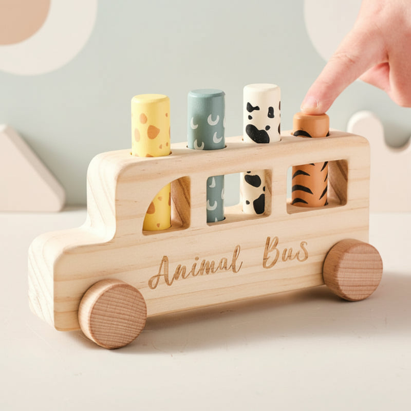 PressBus – Montessori & Educational – Wooden Press Play Bus