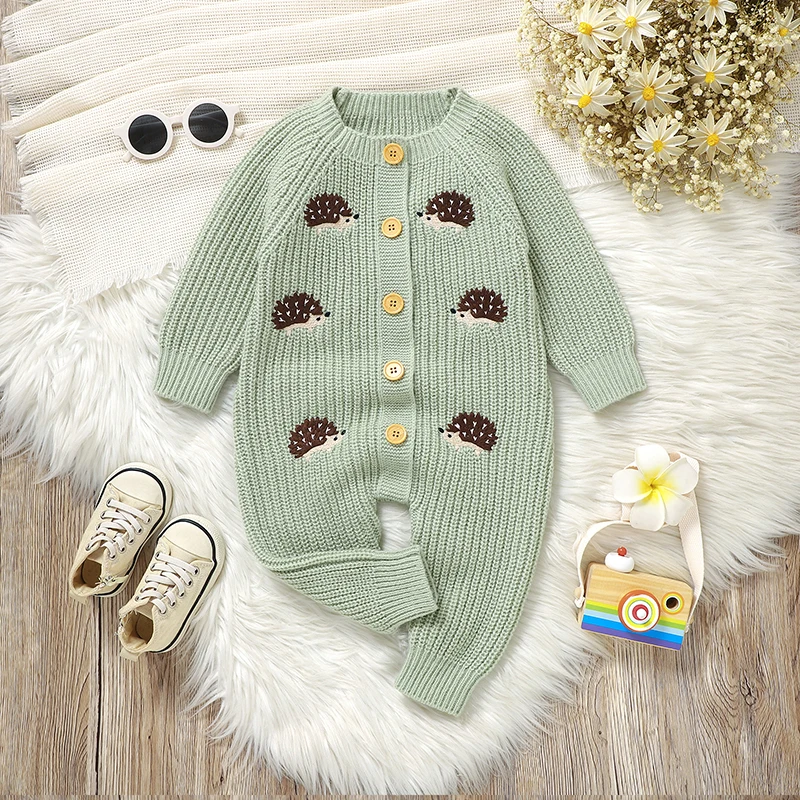 CozyHedge – Soft & Warm – Knitted Baby Jumpsuit with Hedgehog Print