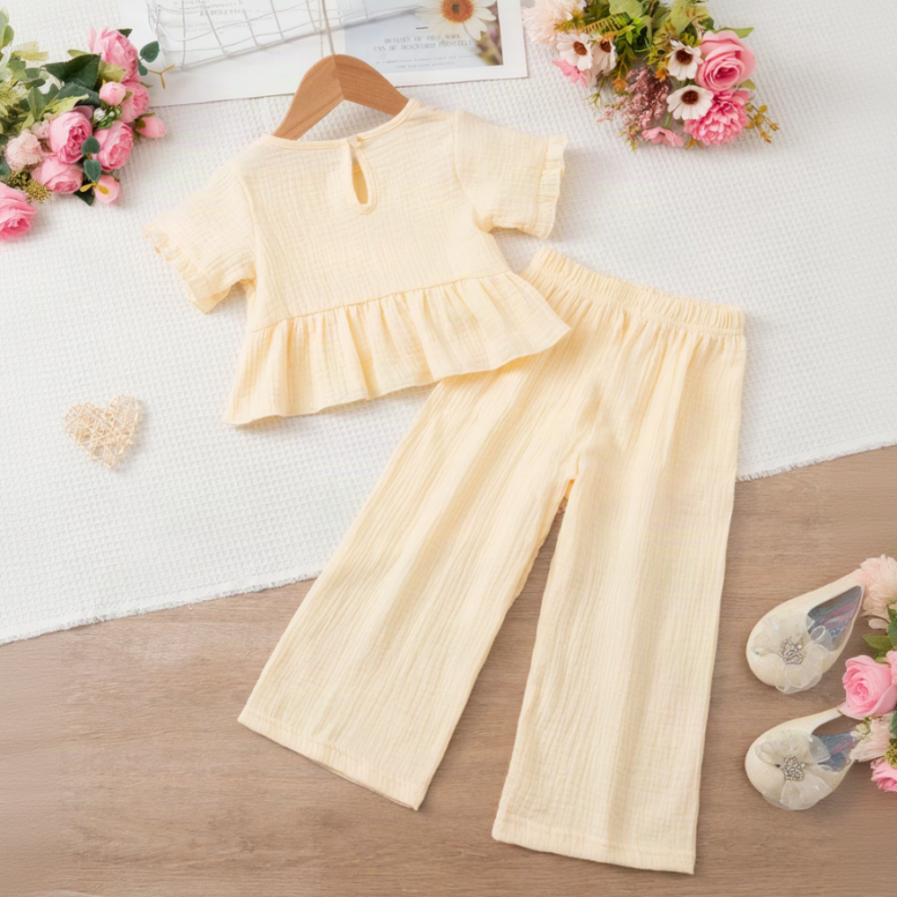 SoftCharm – Elegant & Comfortable – Girls' Set with a Ruffle Top and Long Pants