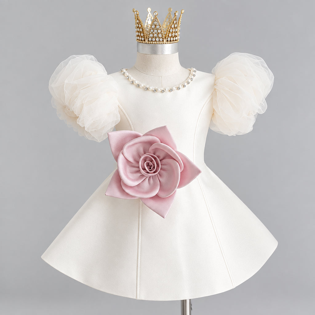 LittleRose – Elegant & Festive – Girls' Dress with 3D Flower and Puff Sleeves