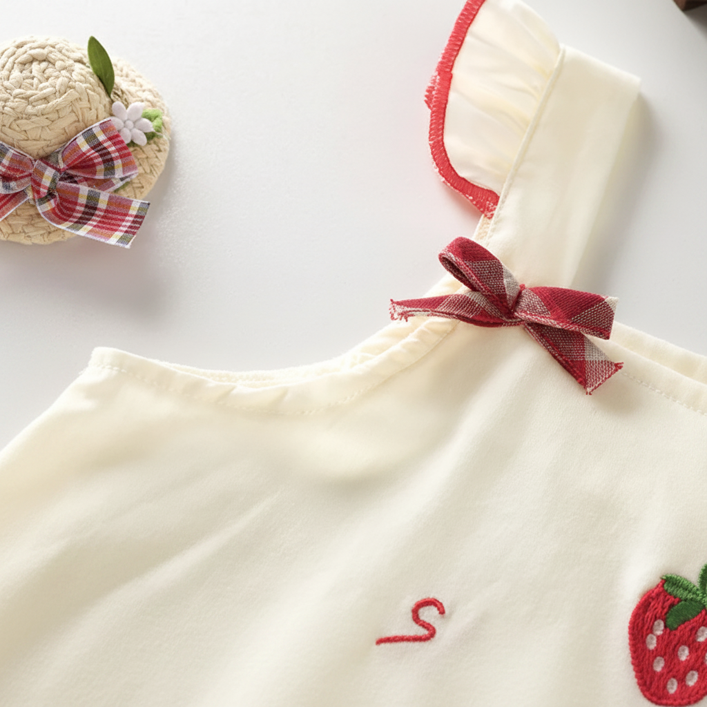 BerryBloom – Cute & Comfortable – Girls' Dress with Strawberry and Bunny Patch