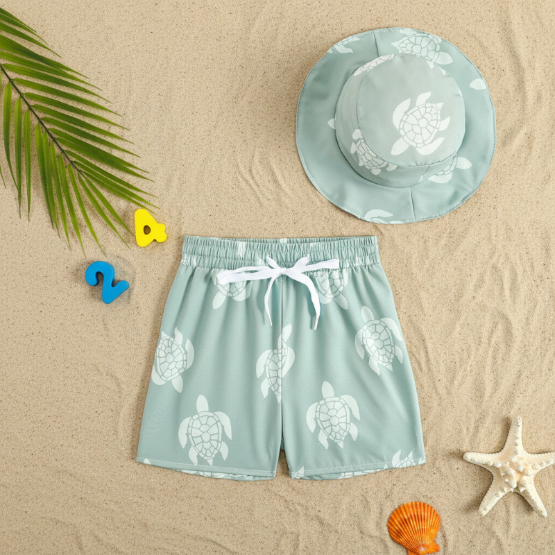 Beach Set – Colorful & stylish – Printed swim trunks & hat