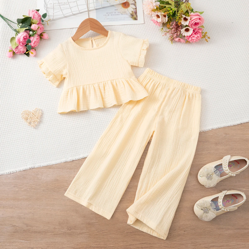 SoftCharm – Elegant & Comfortable – Girls' Set with a Ruffle Top and Long Pants