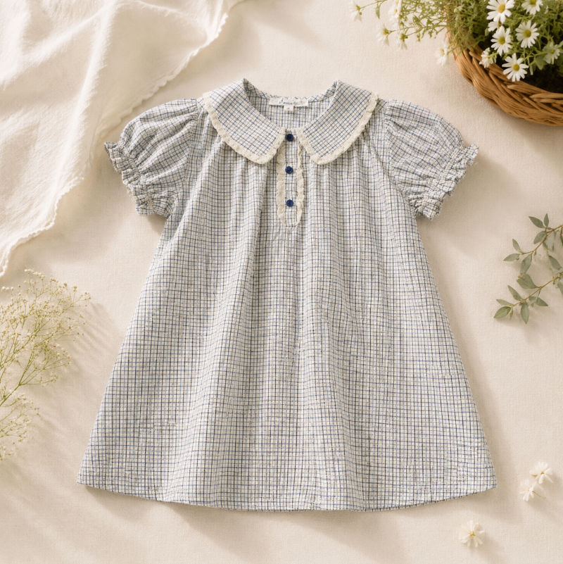 Check Dress – Soft & breathable – Classic collar with puff sleeves
