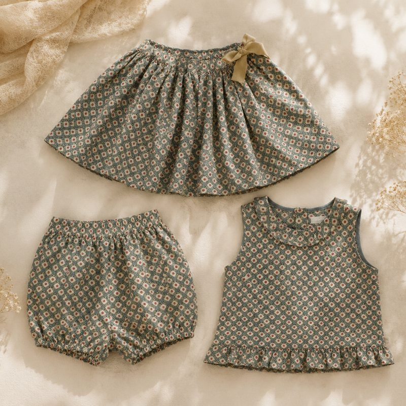 Matching Set – Comfortable & Daisy Print – Bloomers, Skirt & Blouse