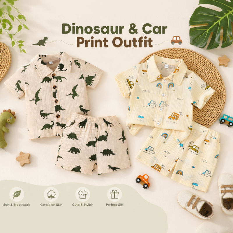 Dinosaur & Car Print Outfit – Cool & Playful – Summer Clothing Set