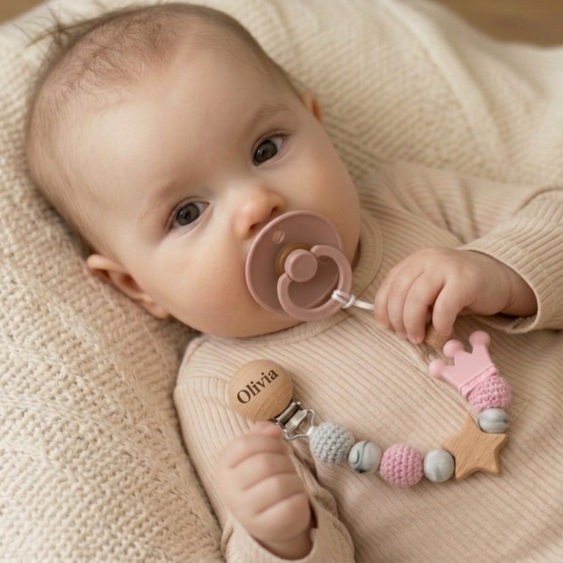 Baby Pacifier Holder – With Name – Personalized Wooden & Silicone Beads
