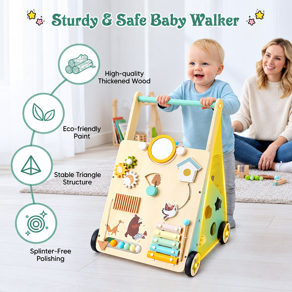 WoodenSteps – Natural & Educational – Wooden Baby Walker with Play Panels