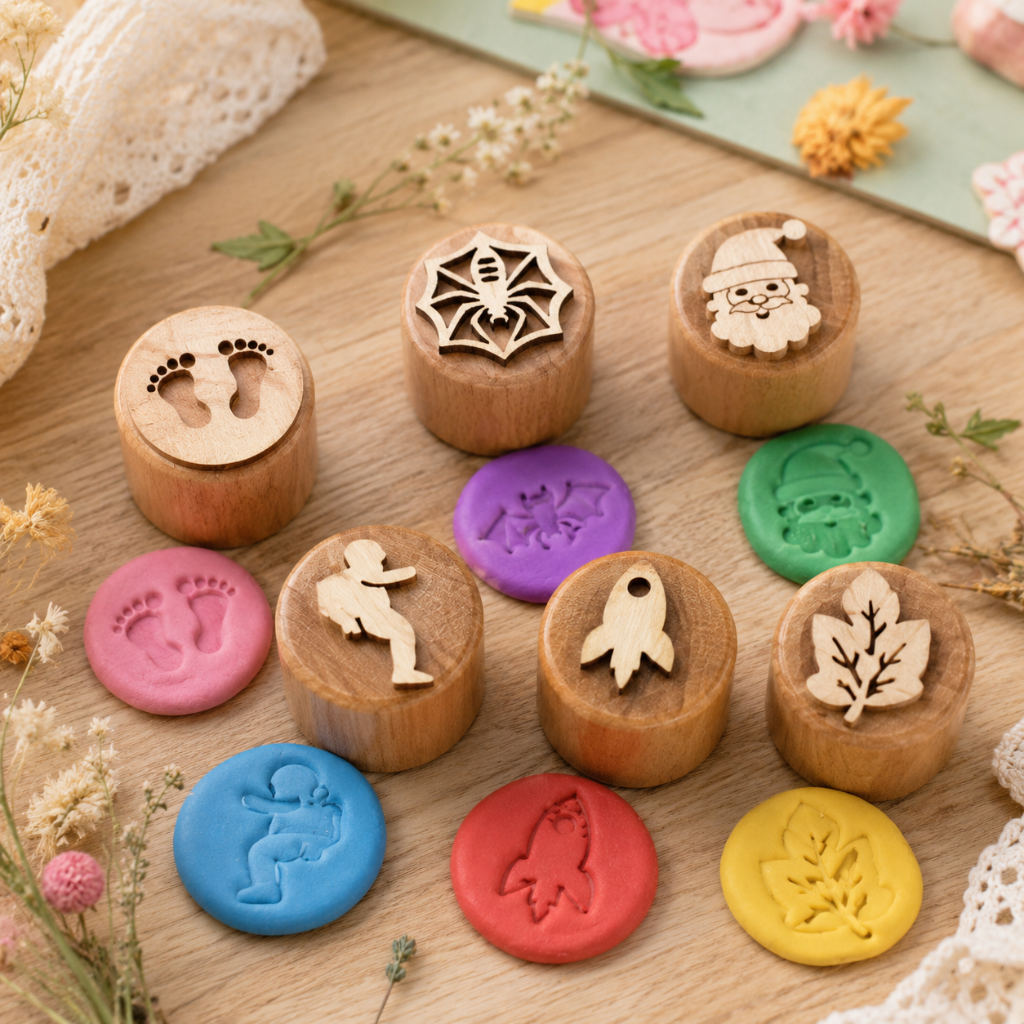 WoodStamp – Montessori & Creative – Set of 6 Wooden Clay Stamps