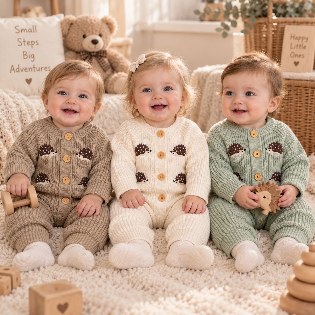 CozyHedge – Soft & Warm – Knitted Baby Jumpsuit with Hedgehog Print