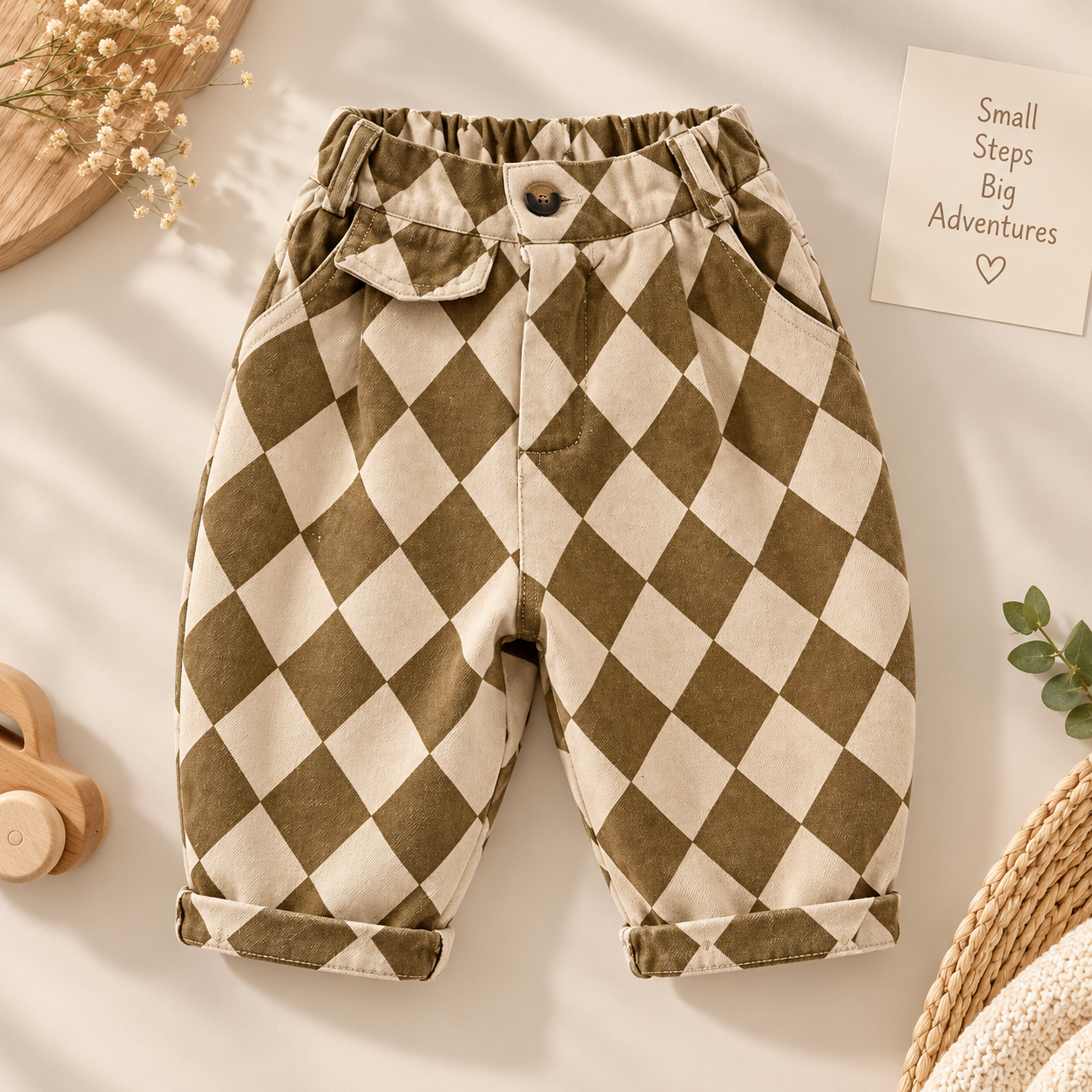 RetroBloom – Comfortable & Playful – Kids' Pants with an Argyle Pattern
