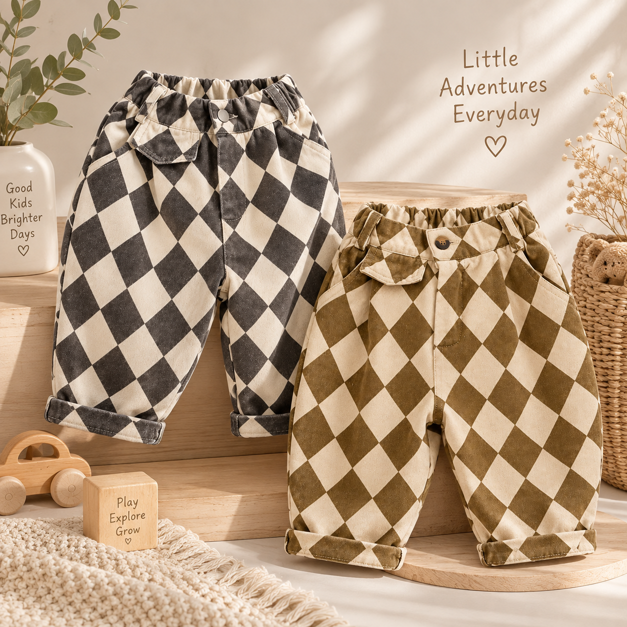RetroBloom – Comfortable & Playful – Kids' Pants with an Argyle Pattern