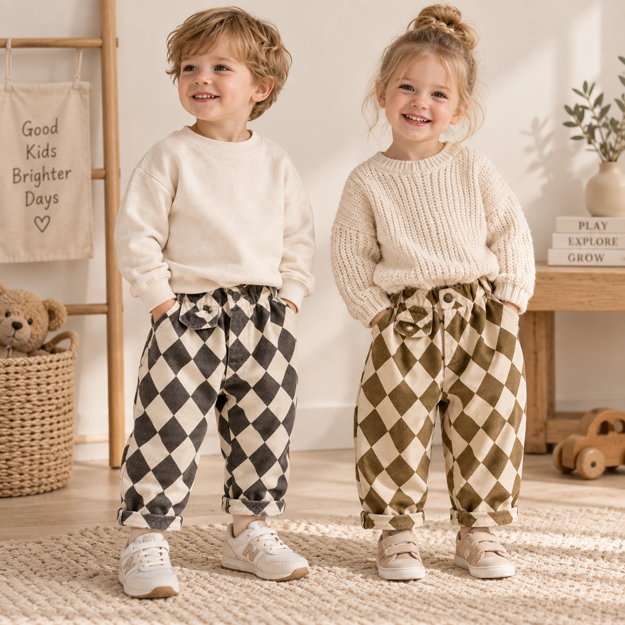 RetroBloom – Comfortable & Playful – Kids' Pants with an Argyle Pattern
