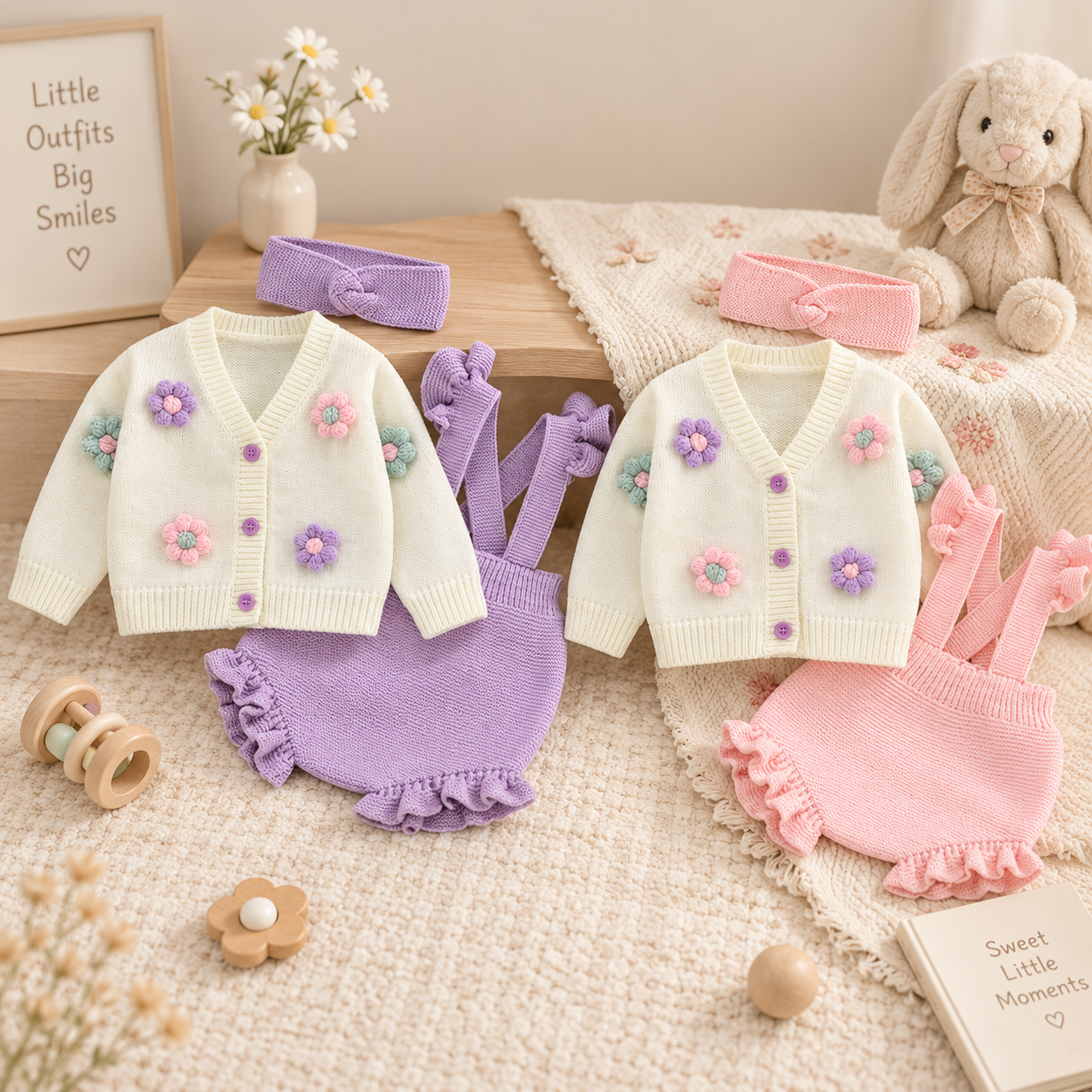 FloraKnit – Soft & Cute – Baby Outfit with Cardigan, Overalls, and Headband
