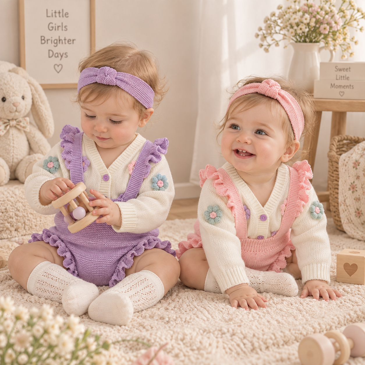 FloraKnit – Soft & Cute – Baby Outfit with Cardigan, Overalls, and Headband