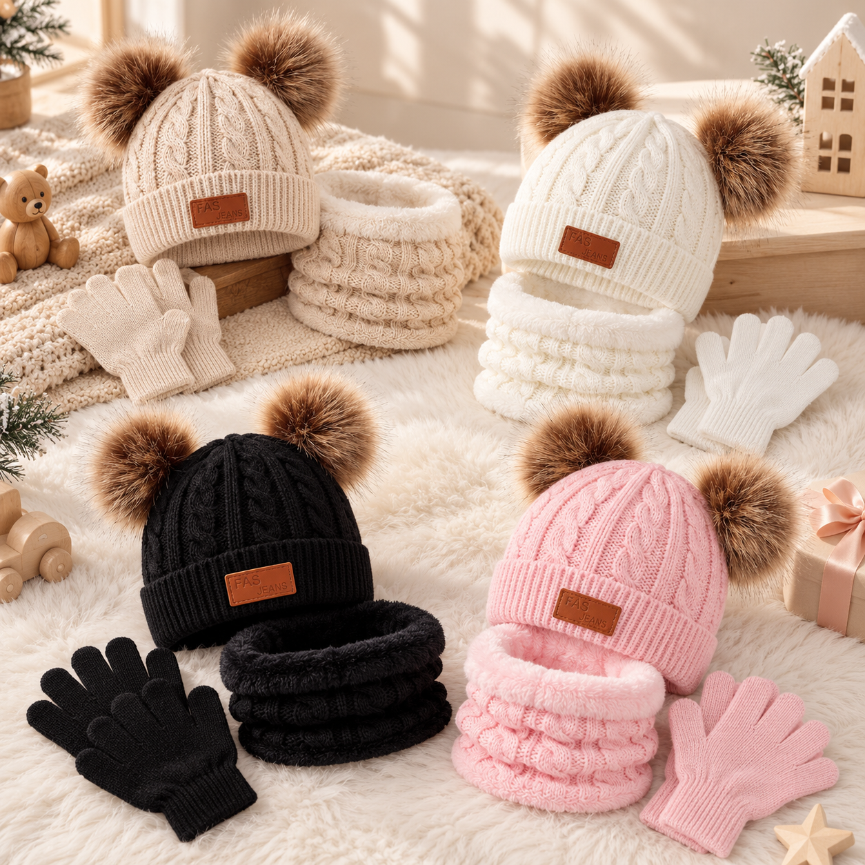 CozyPom – Warm & Soft - Winter Set with Hat, Scarf, and Gloves