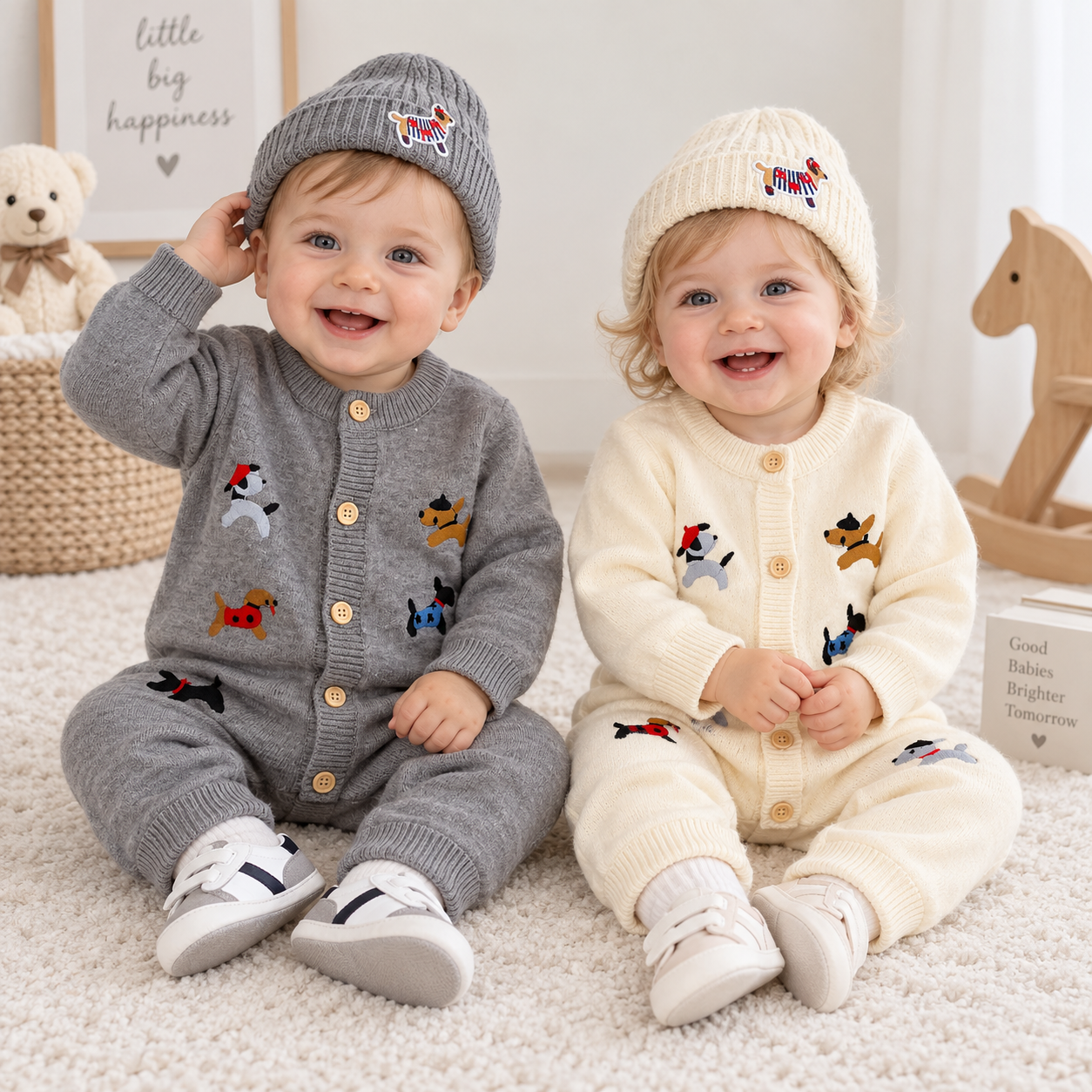 PlayfulKnit – Soft & Cute – Knitted Baby Jumpsuit with Dog Print