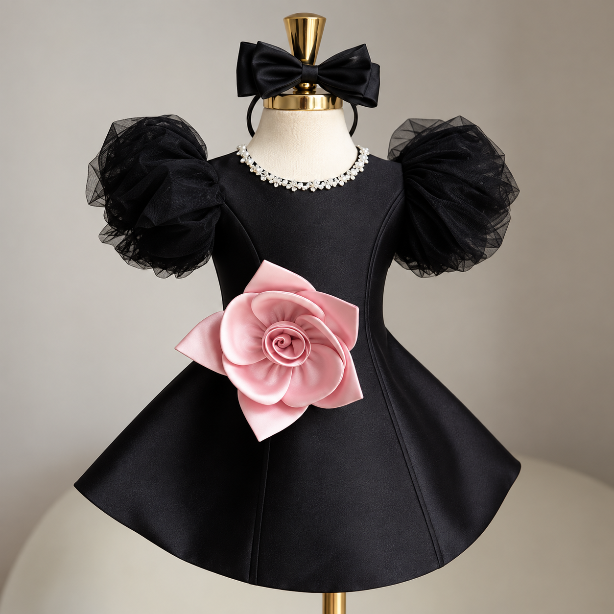 LittleRose – Elegant & Festive – Girls' Dress with 3D Flower and Puff Sleeves
