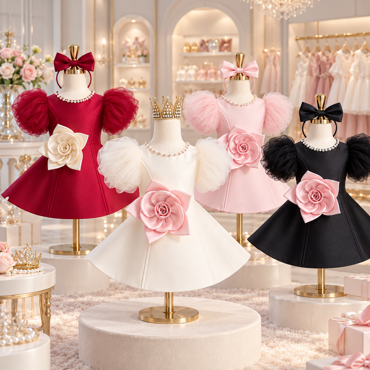 LittleRose – Elegant & Festive – Girls' Dress with 3D Flower and Puff Sleeves