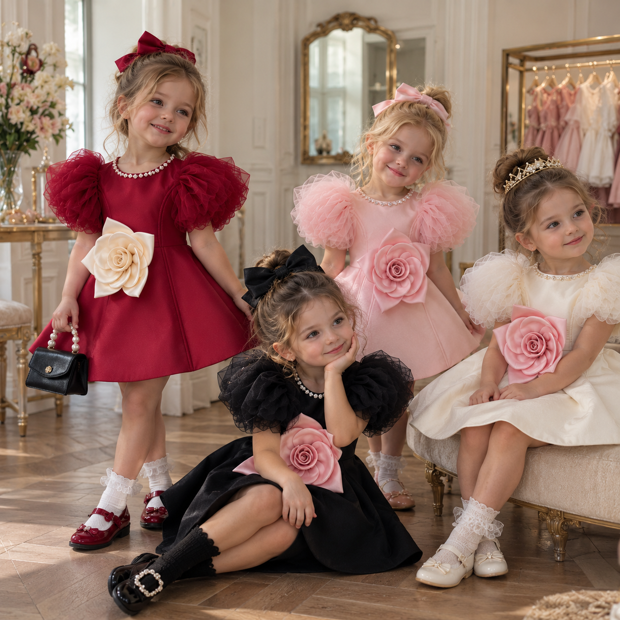 LittleRose – Elegant & Festive – Girls' Dress with 3D Flower and Puff Sleeves