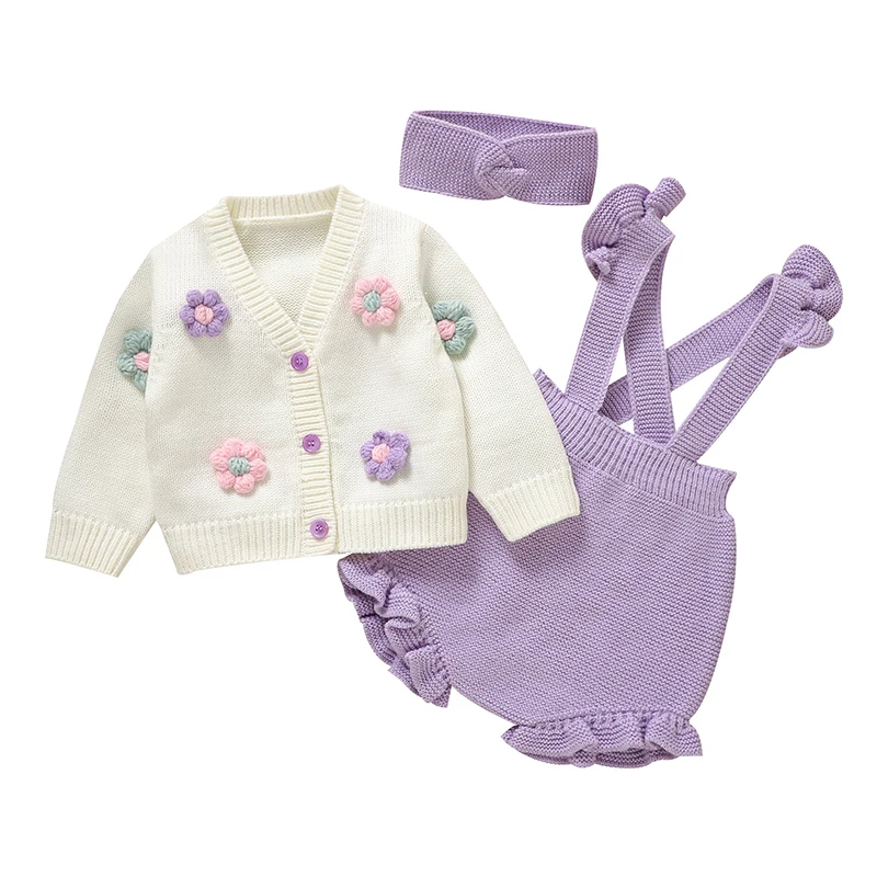 FloraKnit – Soft & Cute – Baby Outfit with Cardigan, Overalls, and Headband