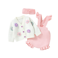 Thumbnail for FloraKnit – Soft & Cute – Baby Outfit with Cardigan, Overalls, and Headband