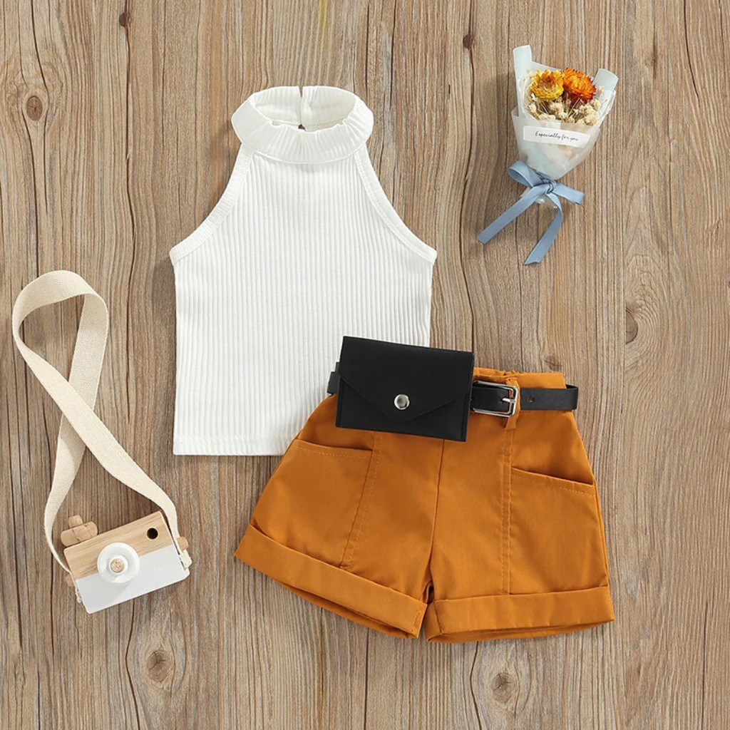 MiniFashionista – Elegant & Trends – Girls' Set with Top, Shorts, and Waist Bag